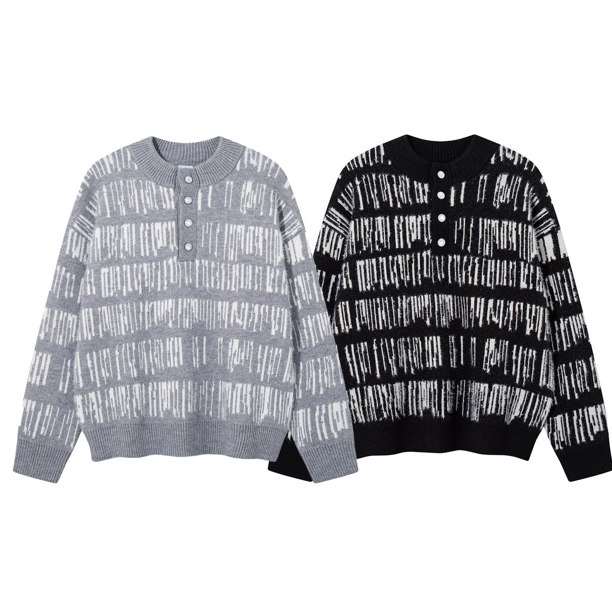 Abstract Stripe Jacquard Knit Sweater – Henley Neck, Oversized Fit
