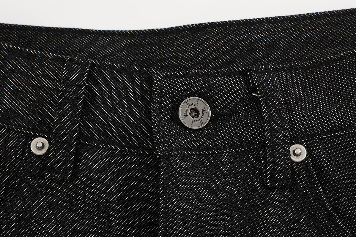 Wide Leg Jeans with Star Embroidery & Diagonal Waistband — Black Raw Denim