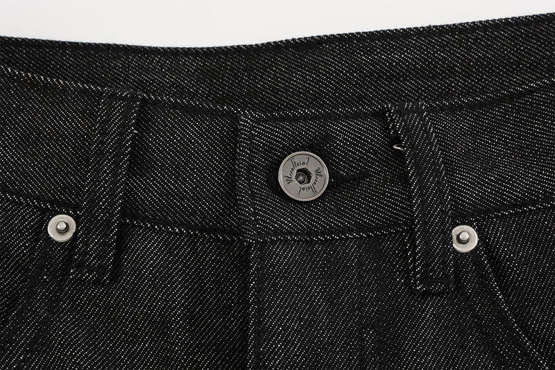 Wide Leg Jeans with Star Embroidery & Diagonal Waistband — Black Raw Denim