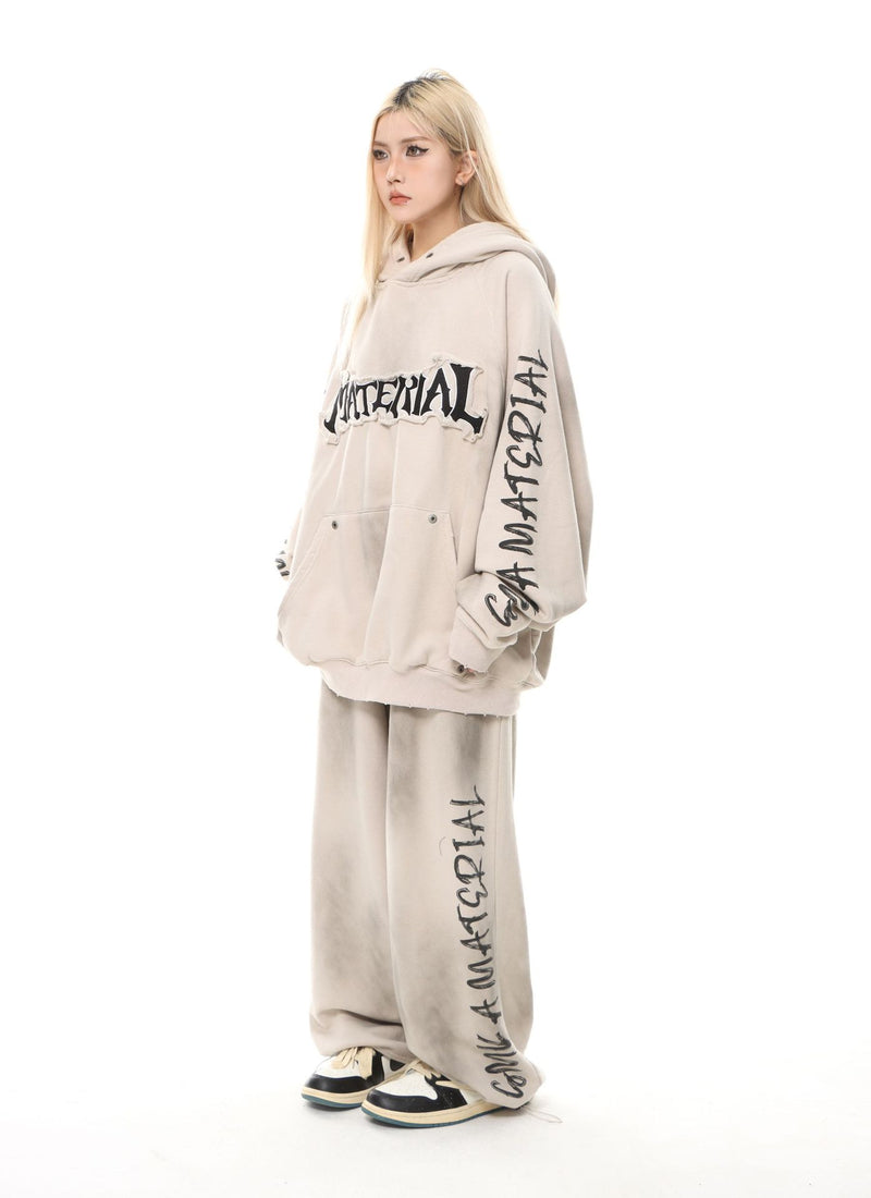 Material Graphic Oversized Hoodie – Washed Heavy Fleece with Embroidered Patch &