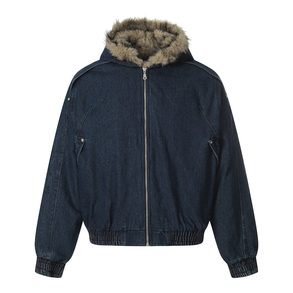 Fur-Trim Hooded Denim Bomber Jacket – Padded Winter Coat