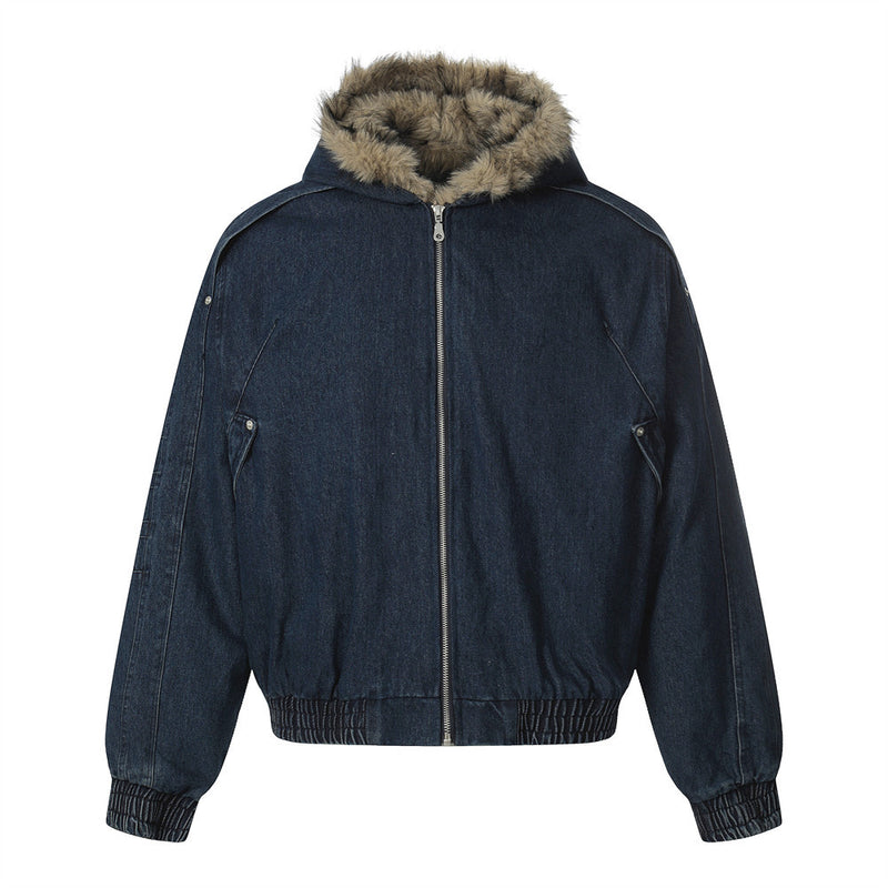 Fur-Trim Hooded Denim Bomber Jacket – Padded Winter Coat
