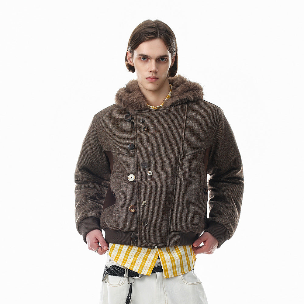 Fur-Trim Hooded Wool-Blend Bomber Jacket with Asymmetric Button Placket
