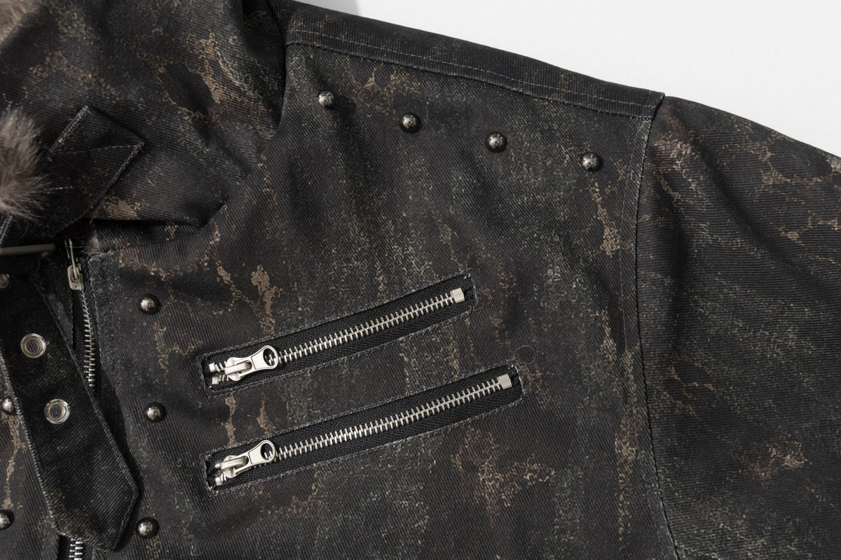 Men's Faux Fur Trim Biker Jacket – Vintage Distressed Leopard Print