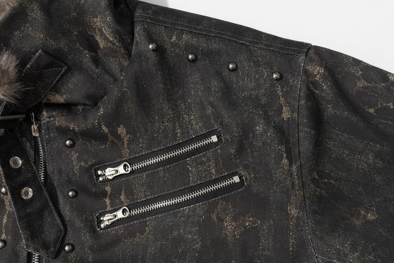 Men's Faux Fur Trim Biker Jacket – Vintage Distressed Leopard Print