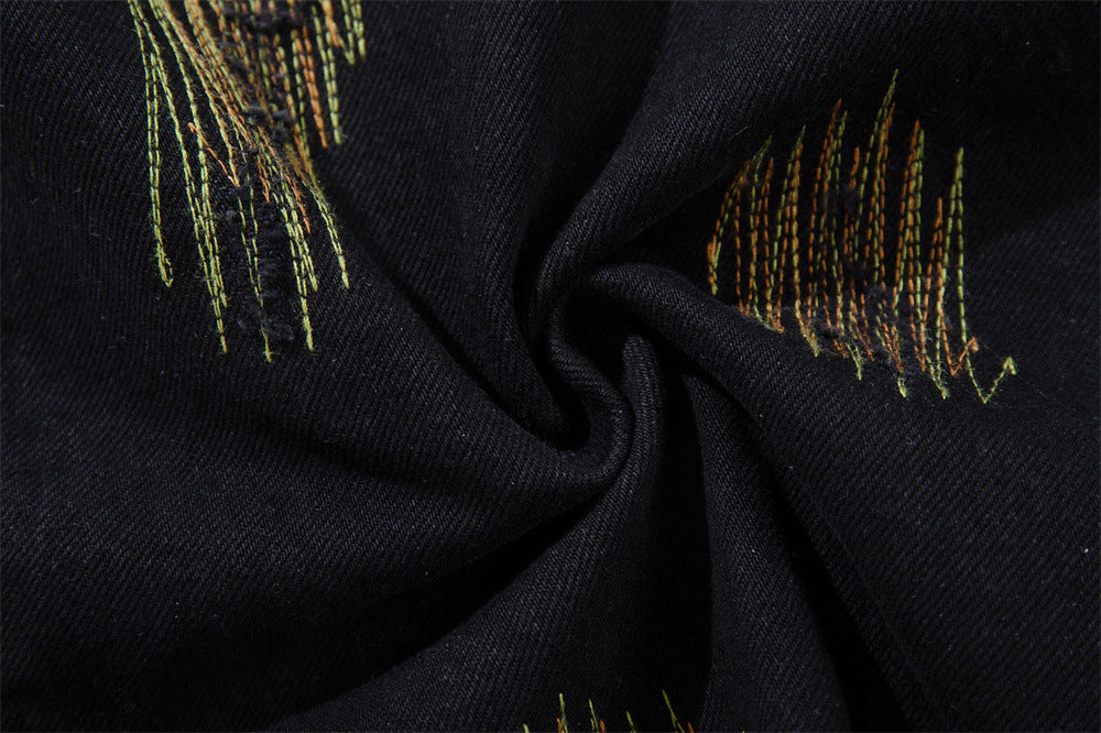 Wide-Leg Jeans with Chaotic Needle Embroidery & Star Patches