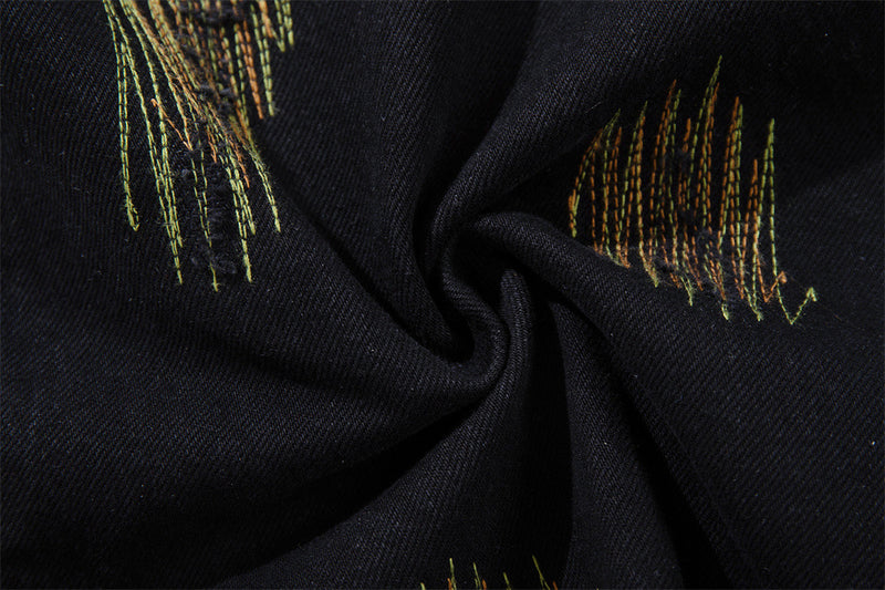 Wide-Leg Jeans with Chaotic Needle Embroidery & Star Patches