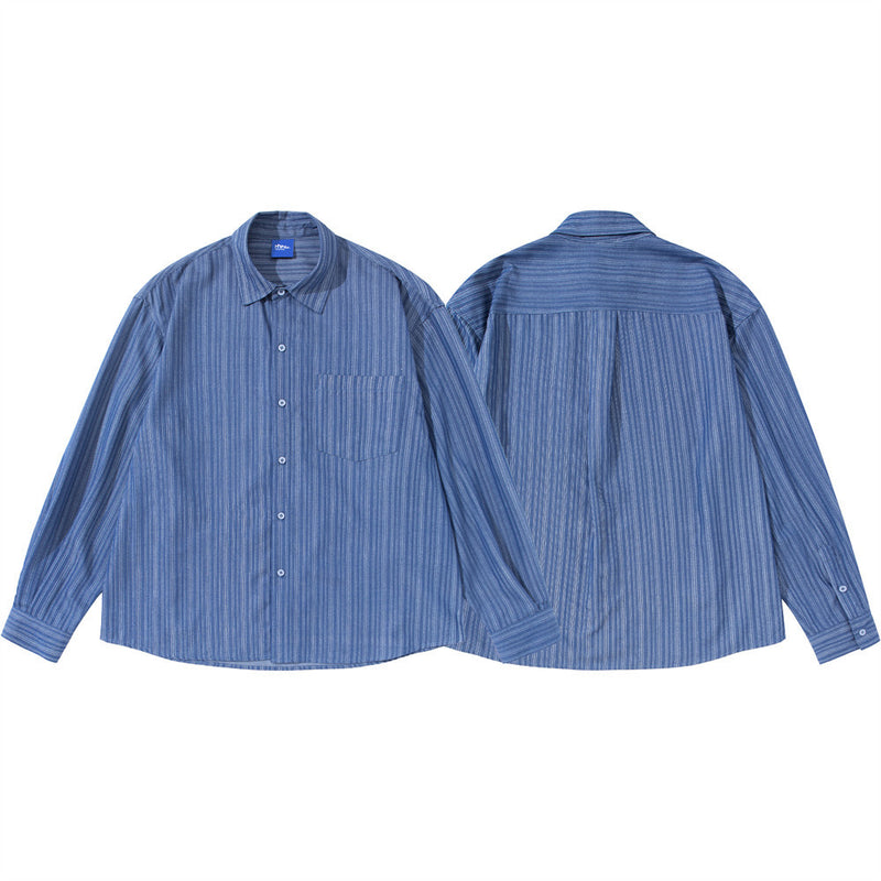 Men's Vertical Stripe Oversized Long Sleeve Button-Up Shirt in Blue