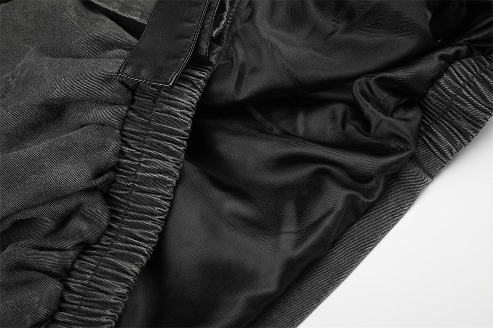Moto-Inspired Workwear Jacket – Irregular Button Placket, Contrast Collar