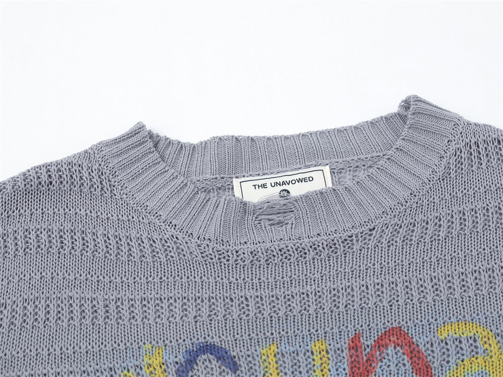 Jersey de punto de cuello redondo con gráfico de cachorro – Corte holgado y manga larga de punto calado
