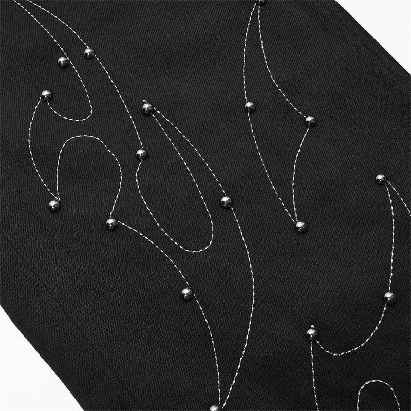 Schwarze Wide-Leg-Hose für Herren – Flammen- und Sternstickerei mit Nieten, gerade geschnitten