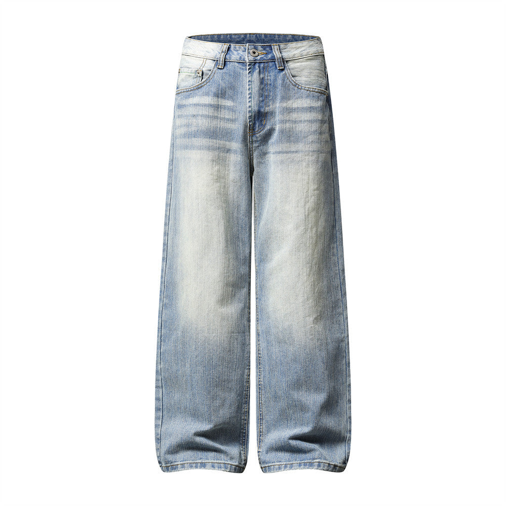 Wide-Leg Baggy Jeans – Men's Light Blue Vintage Washed Straight Denim
