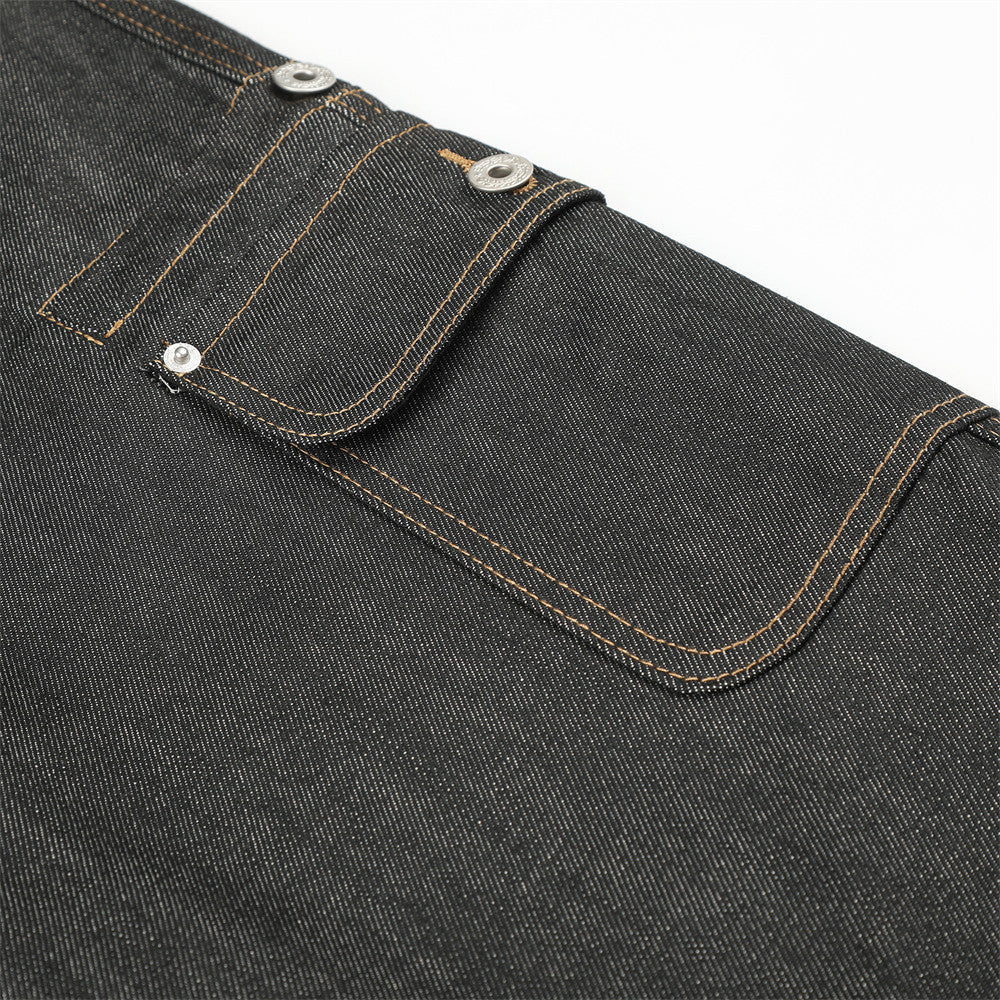 Raw Denim Cargo Wide-Leg Jeans – Multi-Pocket Straight Fit