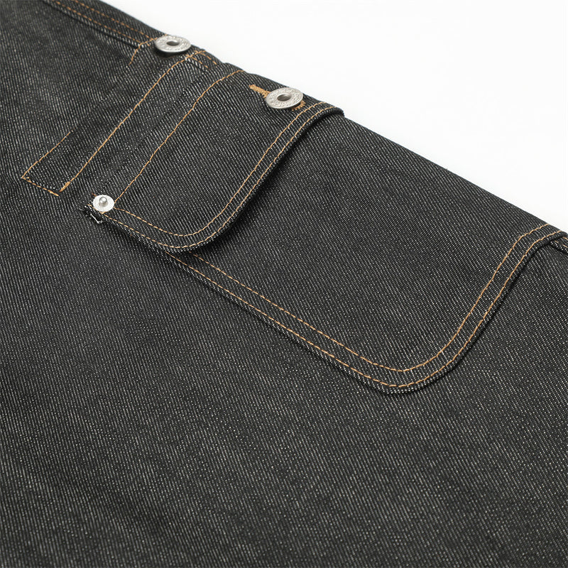 Raw Denim Cargo Wide-Leg Jeans – Multi-Pocket Straight Fit