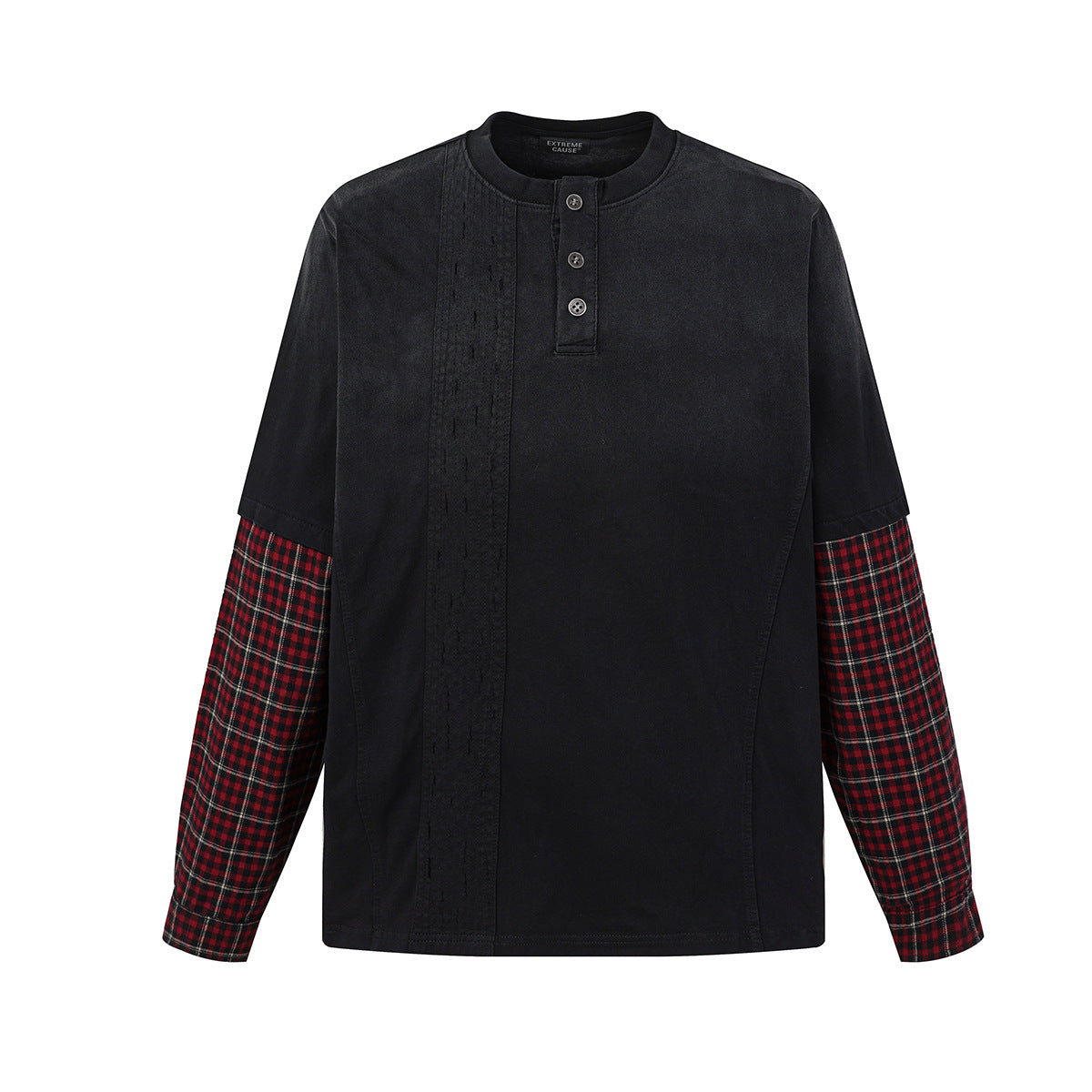 Acid Wash Henley Long Sleeve Shirt with Plaid Contrast Sleeves – Faux Two-Piece