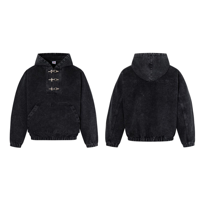 Washed Black Denim Hoodie Pullover with Metal Clasp Buckles