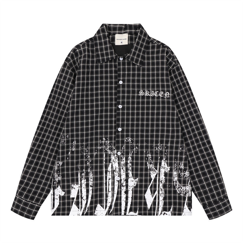 Plaid Long Sleeve Shirt – Graffiti Print & Old English Embroidery, Oversized Fit