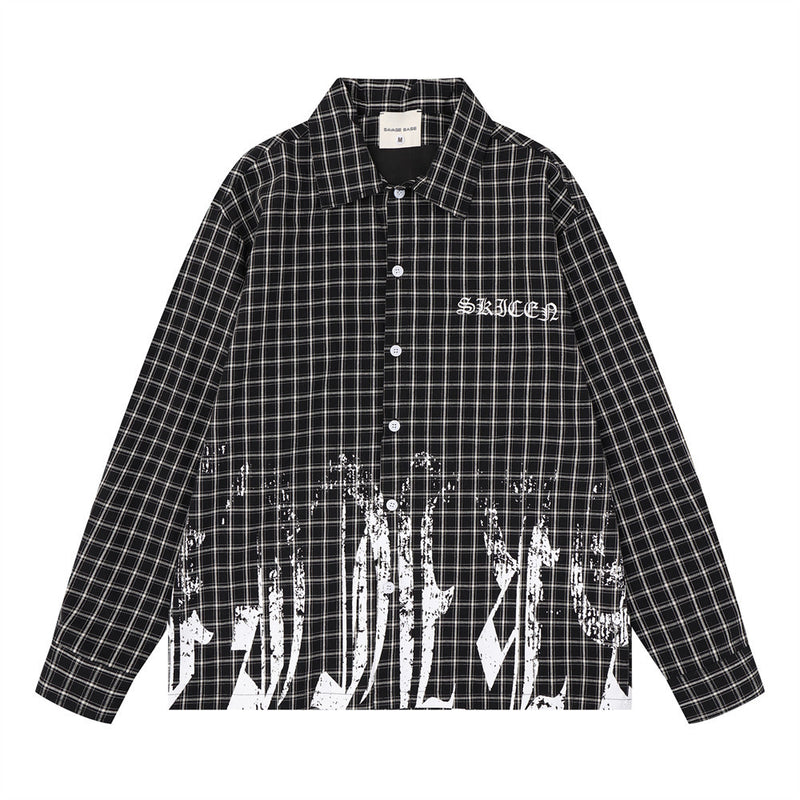 Plaid Long Sleeve Shirt – Graffiti Print & Old English Embroidery, Oversized Fit