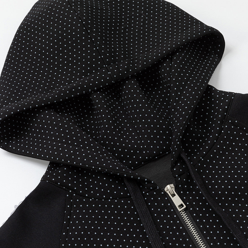 Men's Black Polka Dot Zip-Up Hoodie with Music Note Sleeve Tape