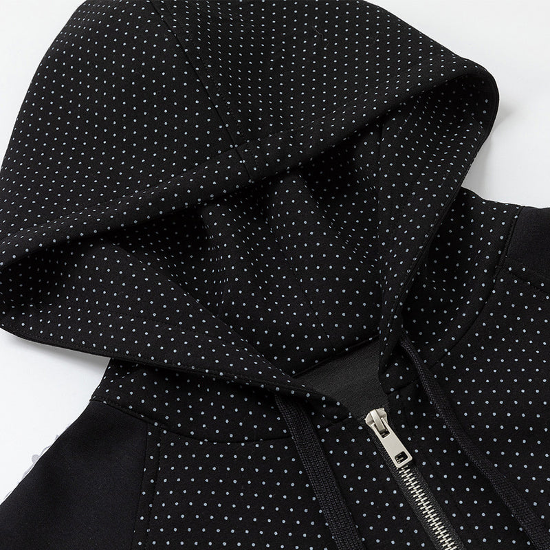 Men's Black Polka Dot Zip-Up Hoodie with Music Note Sleeve Tape