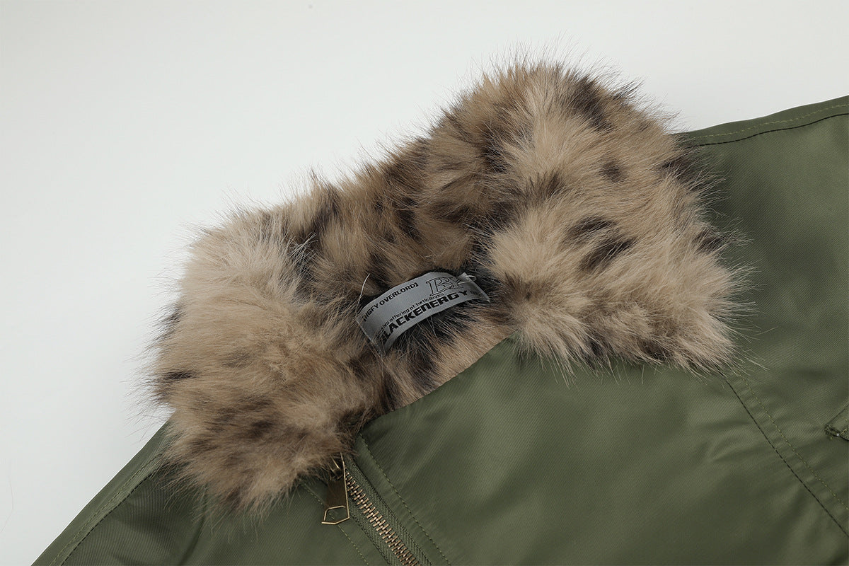 Army Green Bomber Jacket with Leopard Faux Fur Collar & Studs