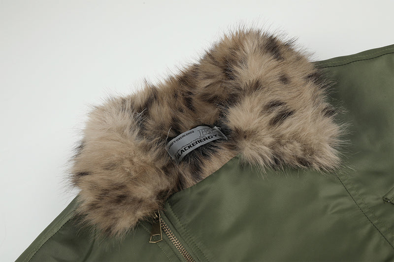 Army Green Bomber Jacket with Leopard Faux Fur Collar & Studs