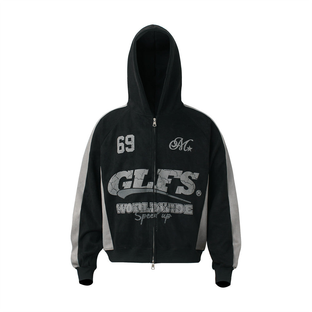 GLFS Colorblock Oversized Zip Up Hoodie – Distressed Letter Print, Dual Zipper