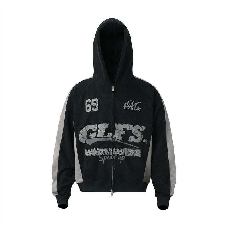 GLFS Colorblock Oversized Zip Up Hoodie – Distressed Letter Print, Dual Zipper