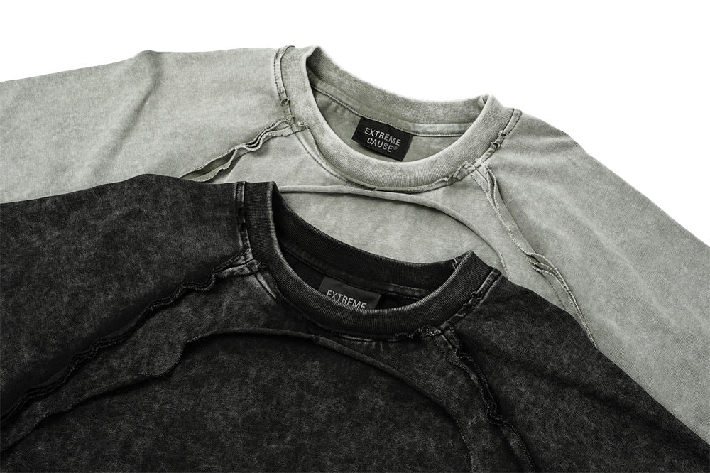 T-shirt manches longues à double épaisseur effet superposé, délavé à l’acide – Col ras-du-cou punk pour homme à ourlet brut