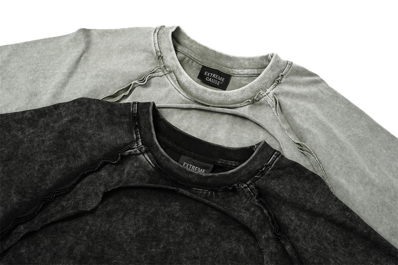 T-shirt manches longues à double épaisseur effet superposé, délavé à l’acide – Col ras-du-cou punk pour homme à ourlet brut
