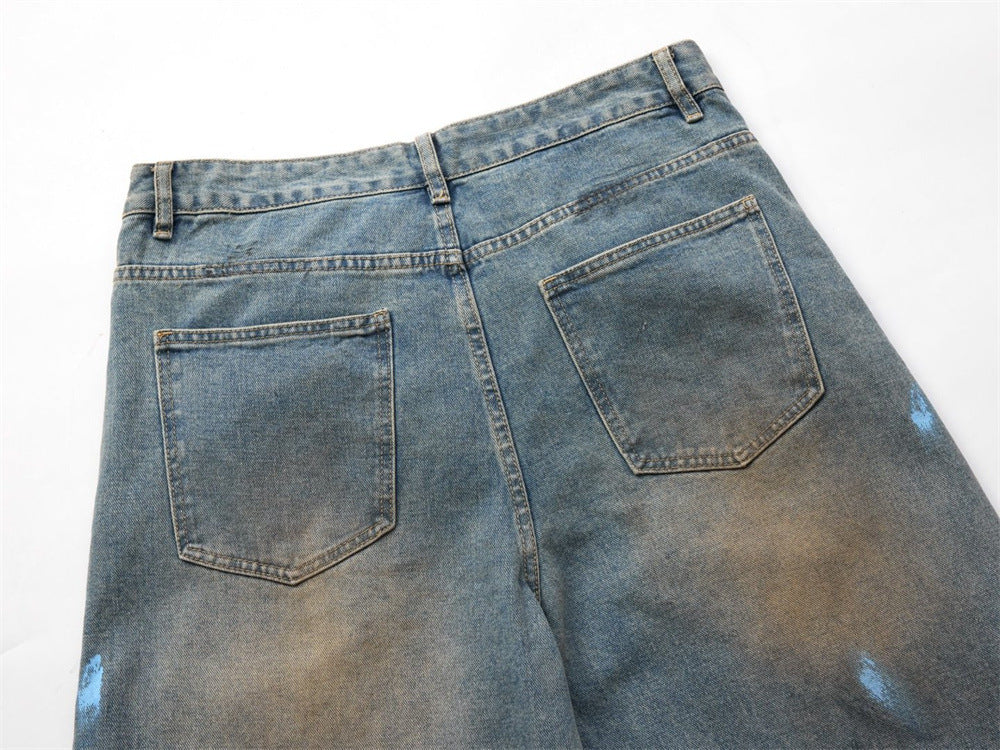 Baggy Jeans with Paint Splatter Patchwork & Distressed Raw-Edge Detail