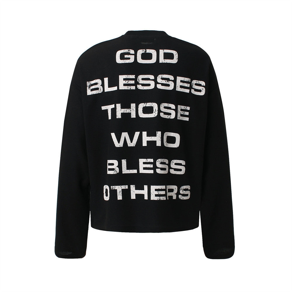 Oversized Long Sleeve T-Shirt with Red Cross & Letter Print, Waffle-Knit