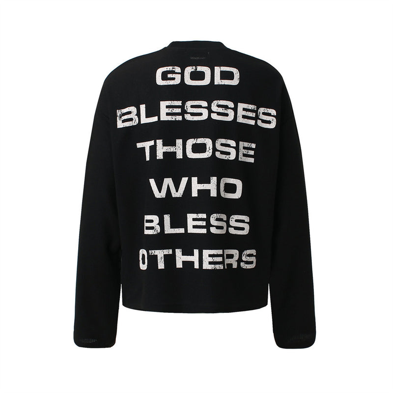 Oversized Long Sleeve T-Shirt with Red Cross & Letter Print, Waffle-Knit