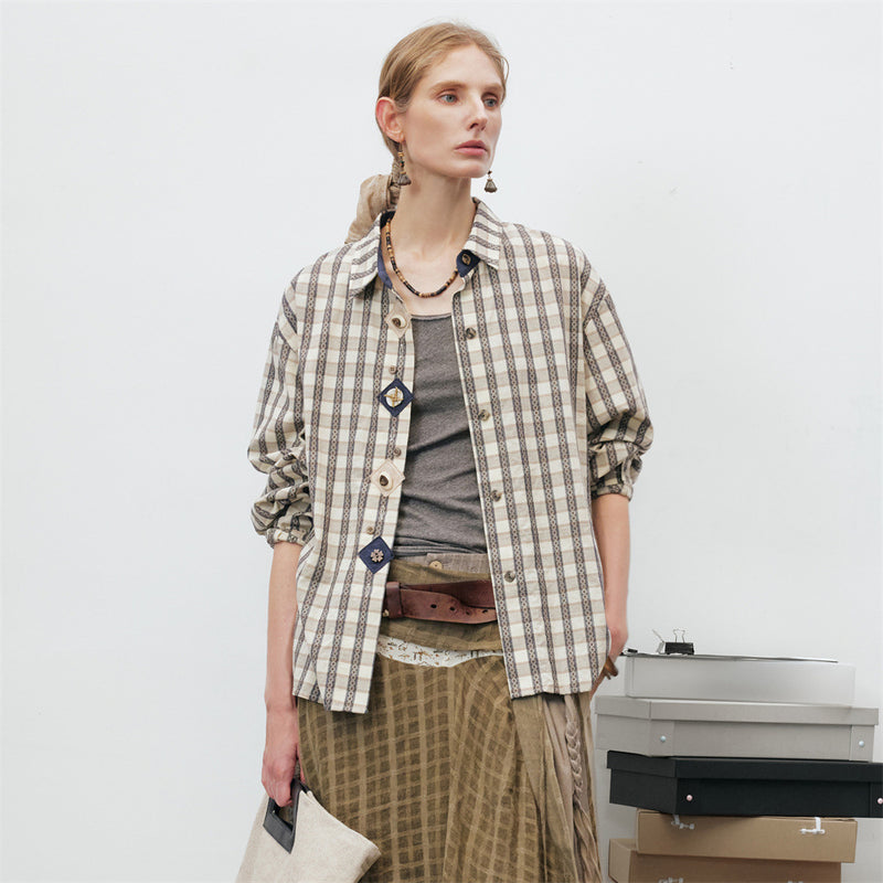 Oversized Plaid Long Sleeve Button-Up Shirt – Relaxed Fit Vintage Check