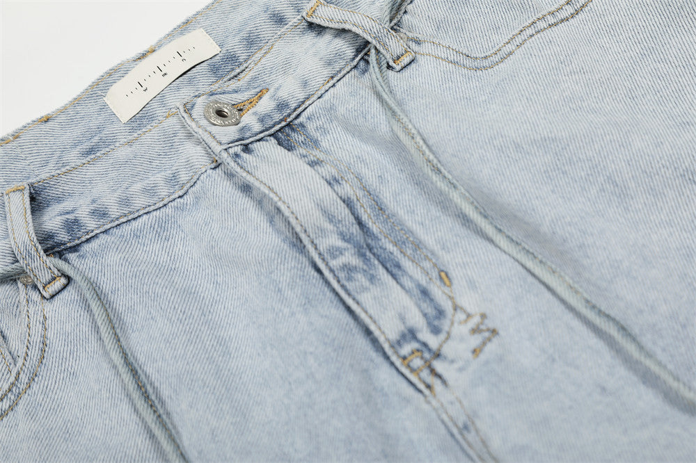 Wide-Leg Distressed Jeans – Light Blue Acid-Washed Straight-Cut Denim with