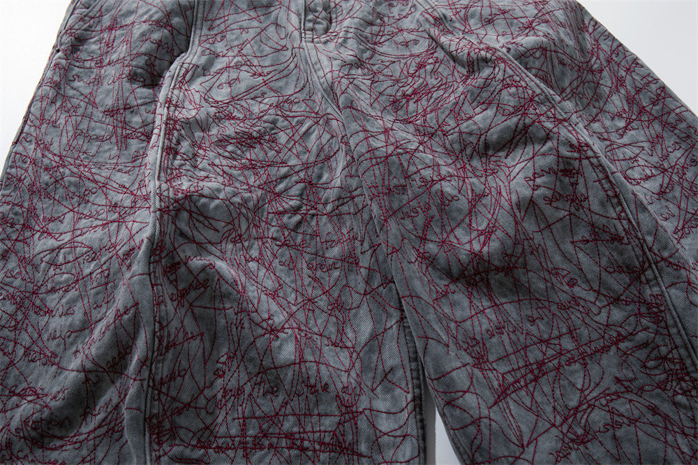 Wide-Leg Denim Shorts with All-Over Graffiti Embroidery – Punk Washed Grey
