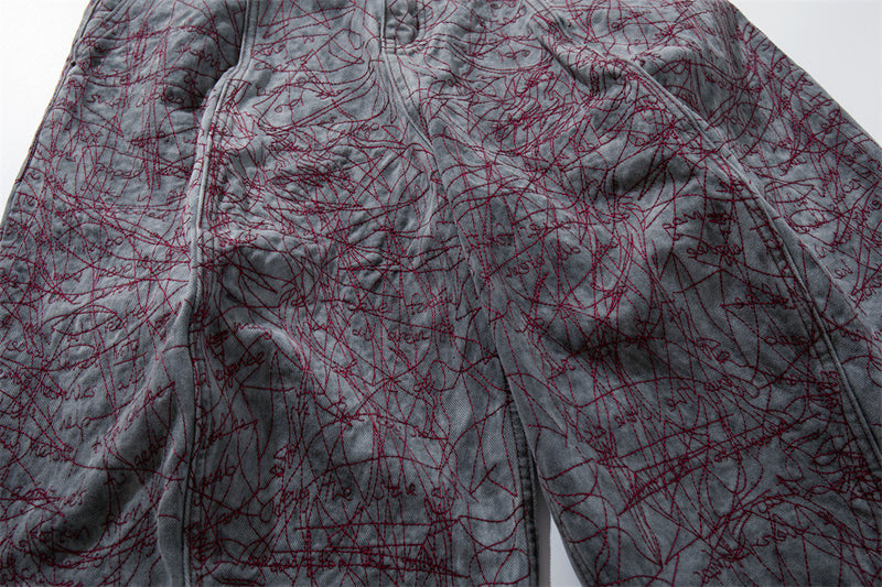 Wide-Leg Denim Shorts with All-Over Graffiti Embroidery – Punk Washed Grey