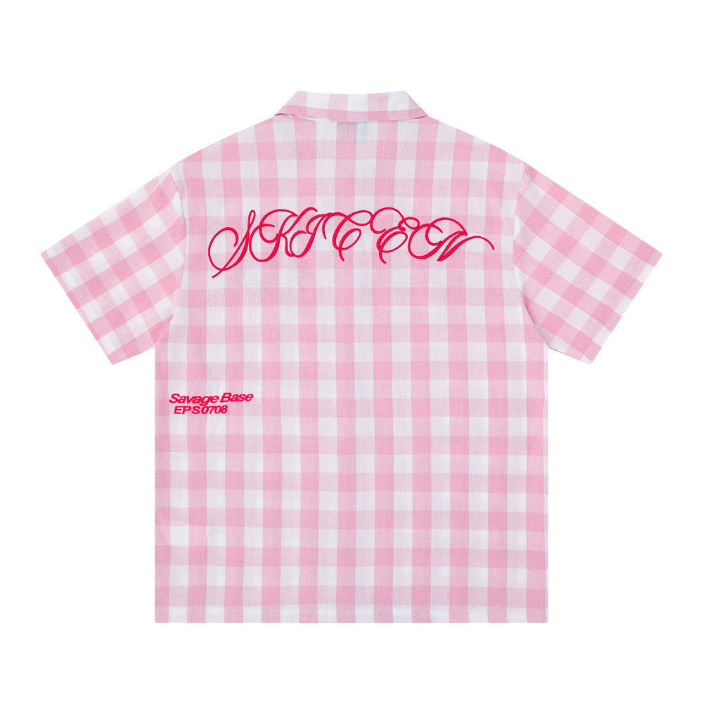 Oversized Gingham Check Short Sleeve Shirt with Embroidered Script Logo