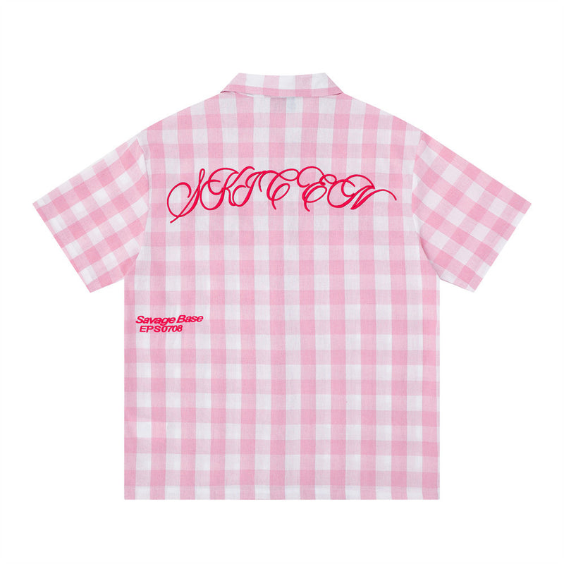 Oversized Gingham Check Short Sleeve Shirt with Embroidered Script Logo