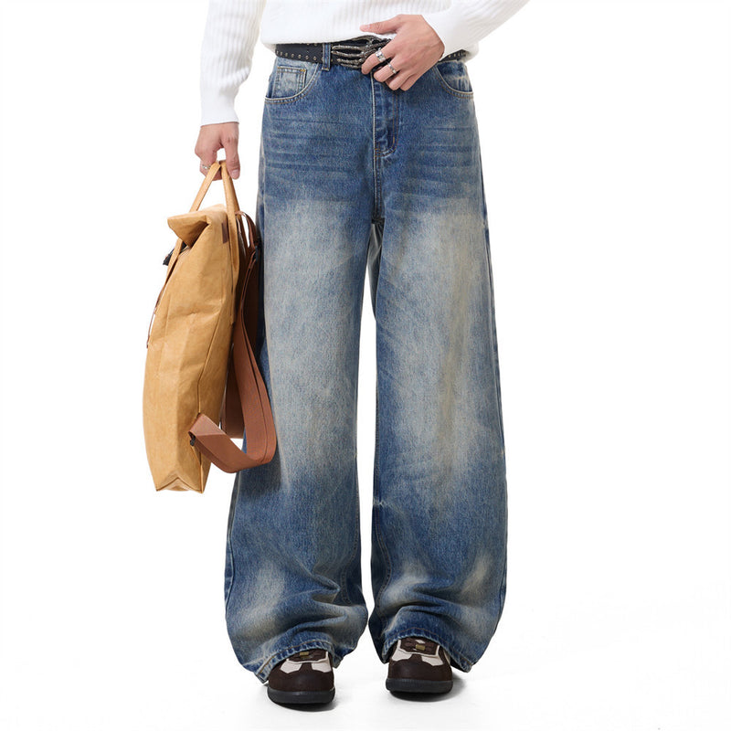 Vaqueros azules para hombre – Pantalón vaquero recto vintage lavado, de pierna ancha y corte baggy