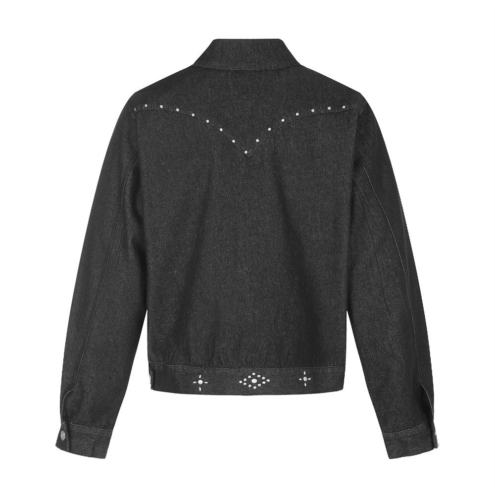 Men's Studded Denim Trucker Jacket – Short Cropped Fit with Silver Rivet Detail