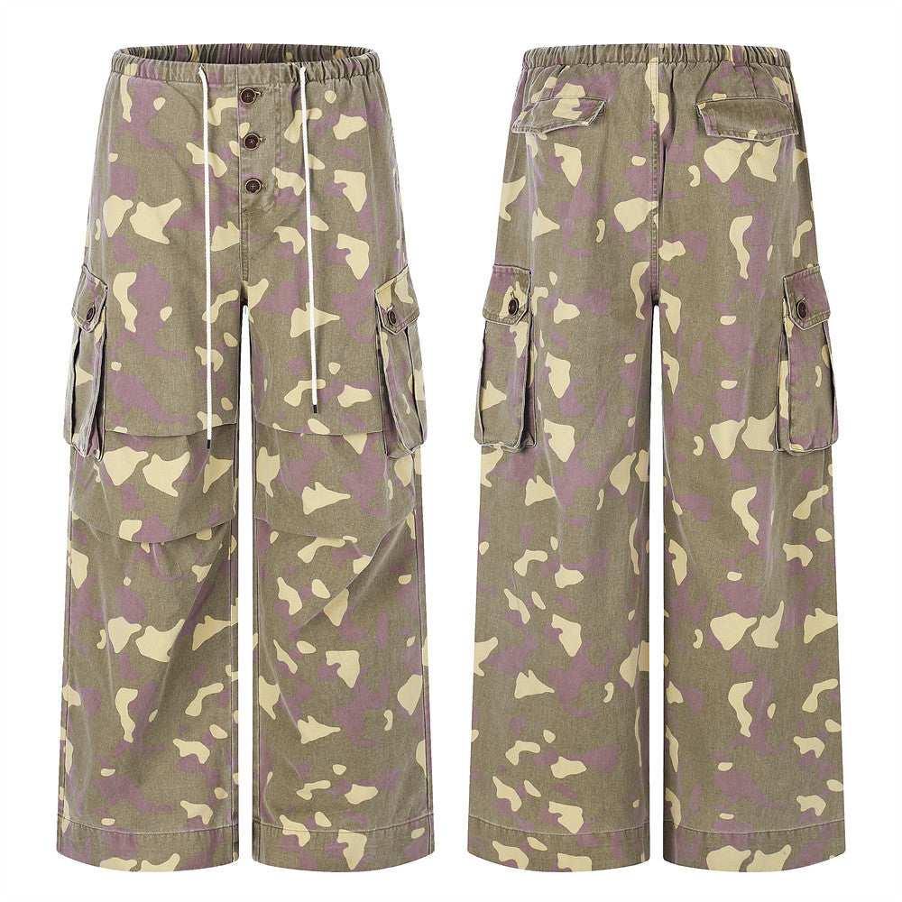 Vintage washed camouflage wide-leg cargo pants with drawstring waist and multi-pocket design, front and back view