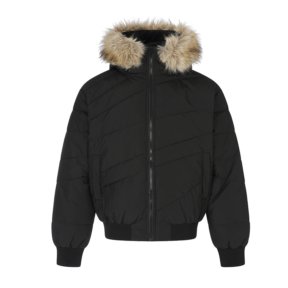 Puffer Bomber Jacket with Faux Fur Hood – Diagonal Quilted Short Winter Coat