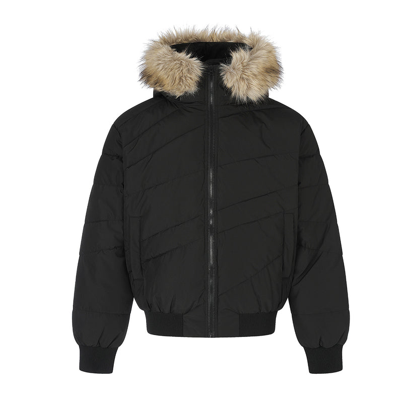 Puffer Bomber Jacket with Faux Fur Hood – Diagonal Quilted Short Winter Coat