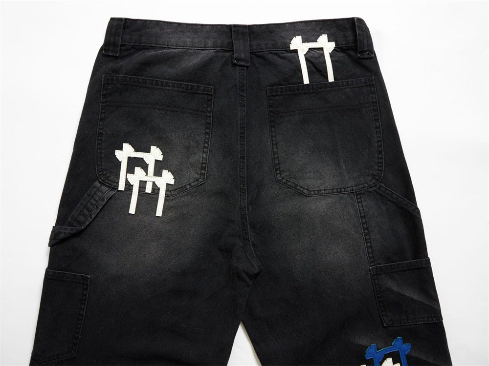 Black Washed Wide-Leg Cargo Jeans with Cross Embroidery Patches