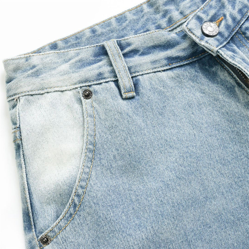 Wide-Leg Baggy Jeans – Men's Vintage Washed Light Blue Curved Hem Denim