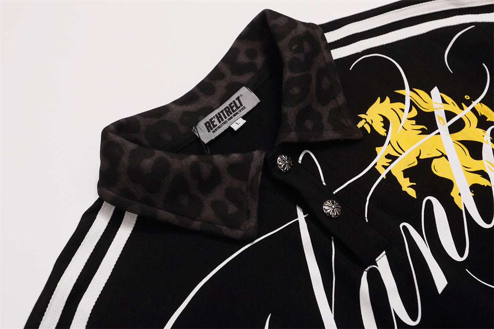Men's Hip-Hop Polo Long Sleeve Shirt with Leopard Cross & Script Print