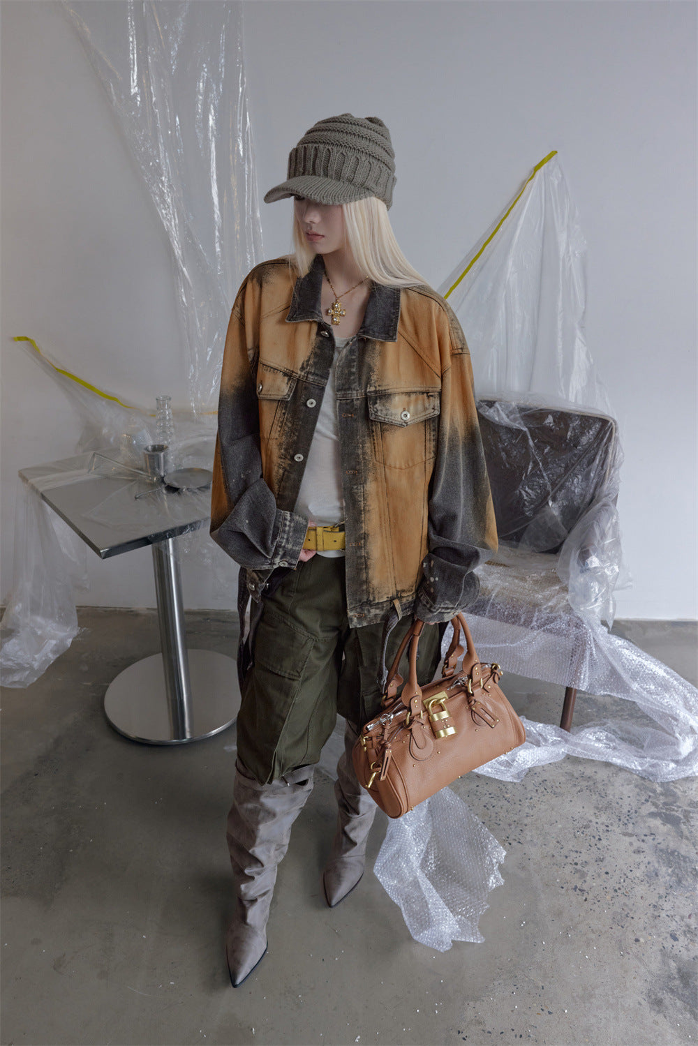 Oversized Acid-Wash Distressed Denim Jacket – Bleached Tie-Dye Punk Streetwear