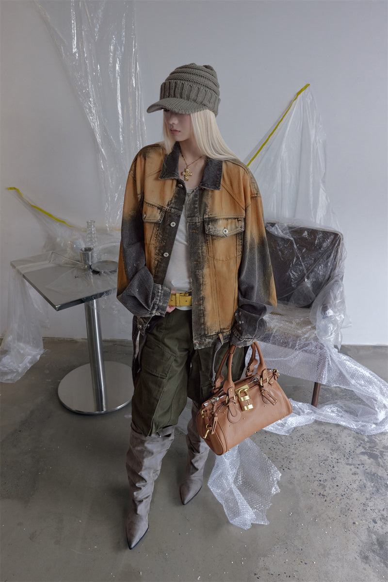 Oversized Acid-Wash Distressed Denim Jacket – Bleached Tie-Dye Punk Streetwear