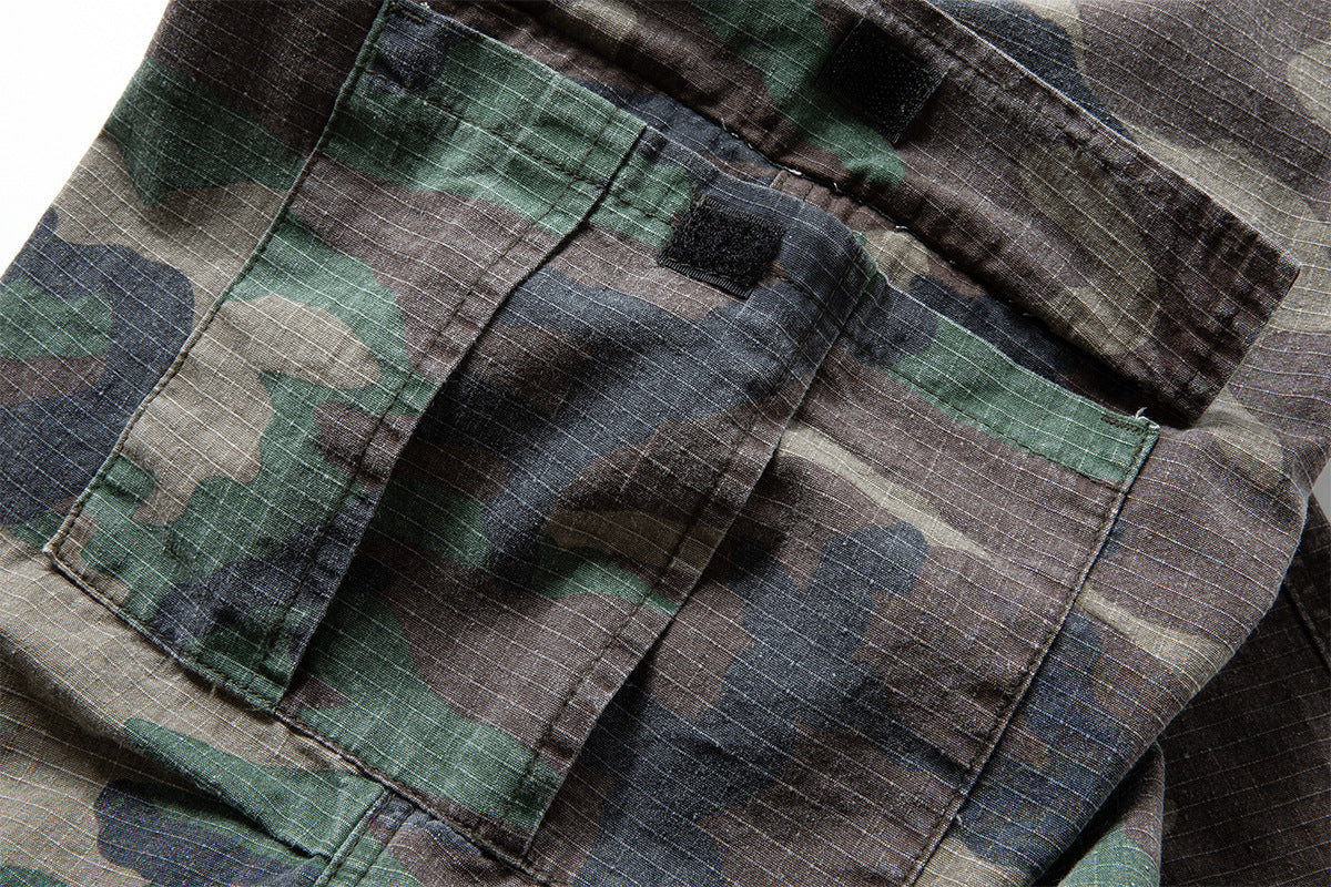Woodland Camo Wide-Leg Cargo Pants – Washed Vintage Military Style